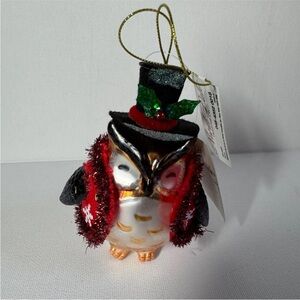 JCPenney Owl Christmas Ornament Top Hat Scarf 4" Glass Glitter Holiday Decor